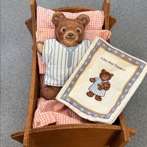 Vintage Wooden Baby Doll Cradle with Bedding